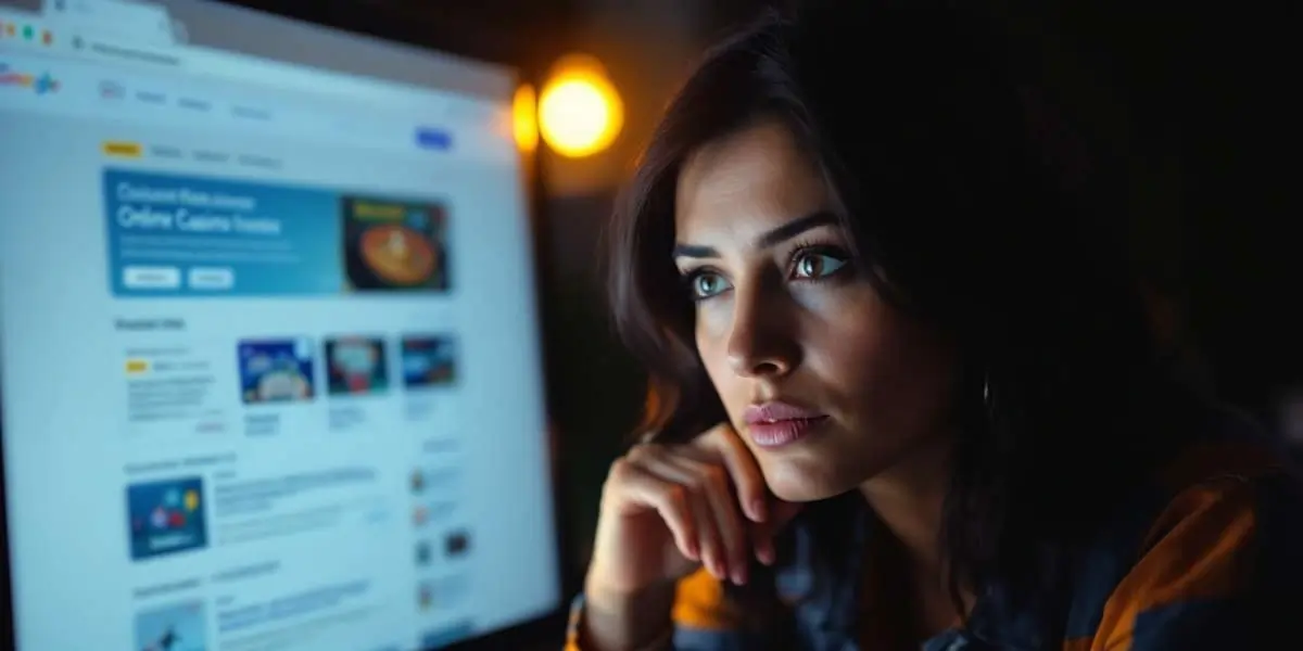 Woman researching online gambling on Google Search